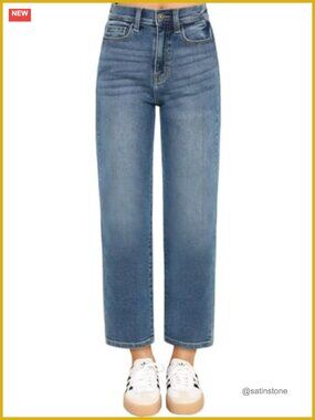 Women's Cropped Straight Leg High Waisted Jeans 7/8 Length Denim Pants